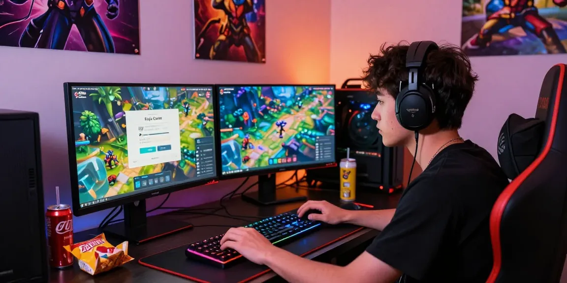 Engaged gamer focusing on Raja Game login screen with vibrant gaming setup.