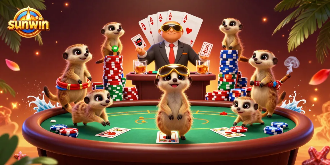 Experience sunwin's vibrant casino atmosphere with meerkats engaging in poker action.