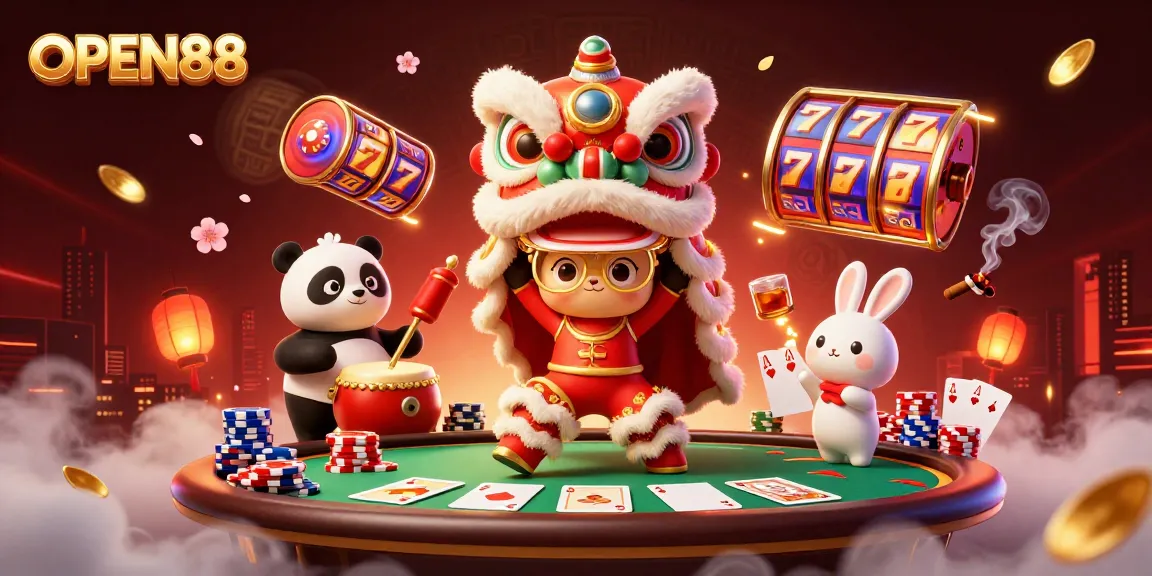 Engage with OPEN88's exciting gaming scene featuring a lively lion dance and animated casino elements.