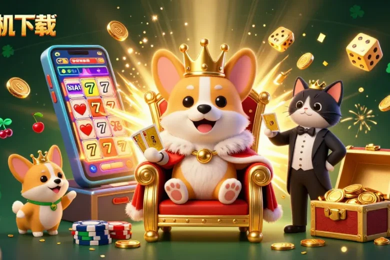 Experience the thrill of 纸飞机下载 with a vibrant casino scene featuring a royal corgi, playful casino elements, and golden treasures.
