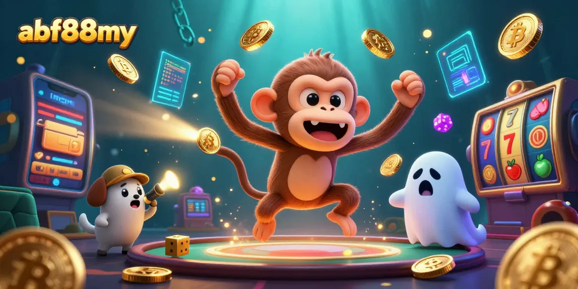 Catch the excitement at afb88my with a mischievous poltergeist monkey juggles coins in a haunted casino scene.