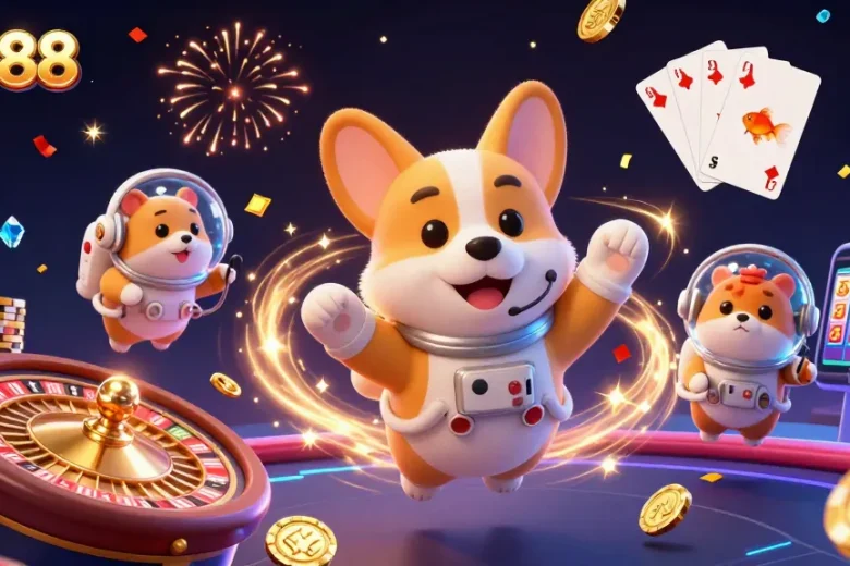 Join the fun at sky88 with playful characters enjoying casino games in a vibrant space.