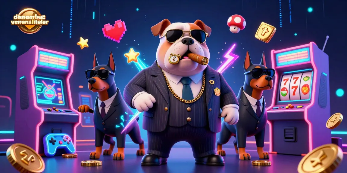 Engage with denemebonusuverensiteler's thrilling gaming scene featuring a mafia bulldog amidst slot machines and neon lights.