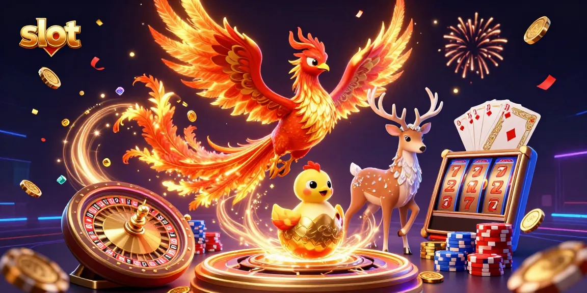 Slot yang menampilkan phoenix berapi-api dan simbol keberuntungan dalam permainan judi.