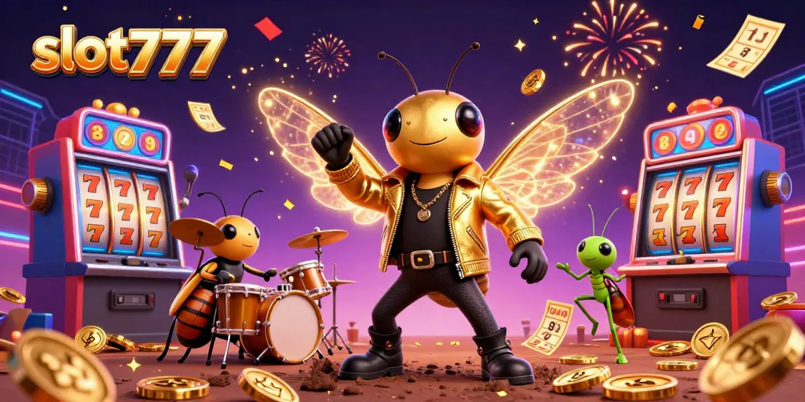 Experience excitement with slot777 in a vibrant casino scene featuring a cicada rock star and dynamic slot machines.