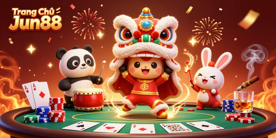 Engage with the excitement of Trang Chủ Jun88 at a vibrant casino celebration featuring lively characters.