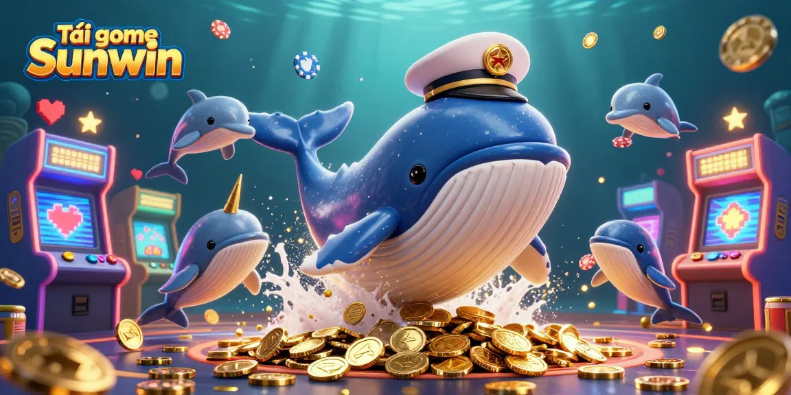 Tải game Sunwin with a vibrant underwater scene featuring a whale and playful dolphins interacting around casino elements.