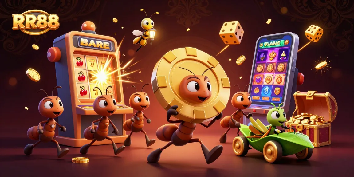Experience the thrilling heist of RR88 as cartoon ants carry a giant poker chip through a dazzling casino.