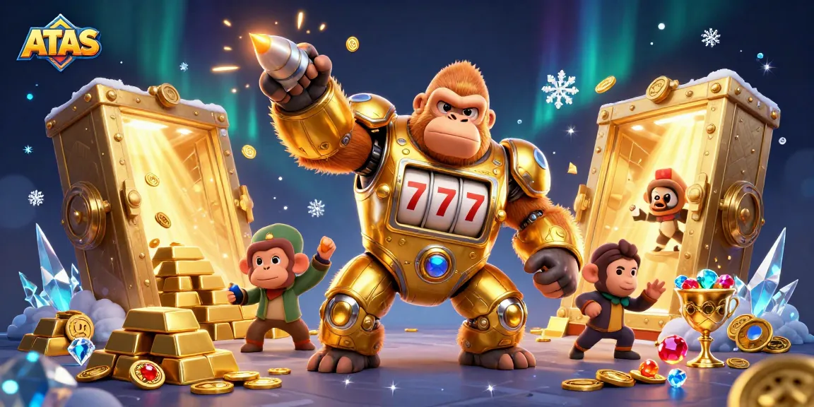Spin to win at ATAS Casino with vibrant 3D illustration of a golden gorilla mech amidst treasures.