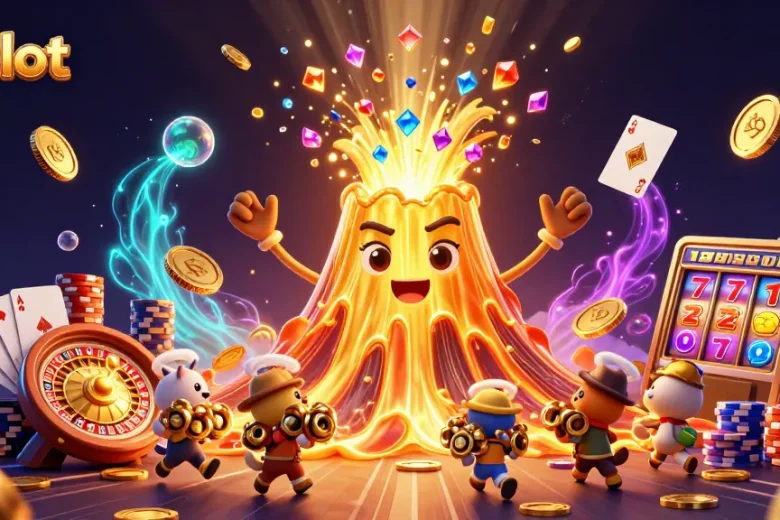KDSlot offers thrilling gaming experiences with a vibrant eruption of treasures in a dynamic 3D casino scene.