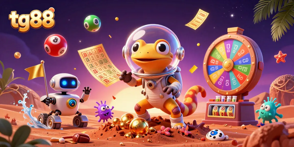 Experience tg88 with cheerful alien bacteria and a Martian gecko in a vibrant casino scene