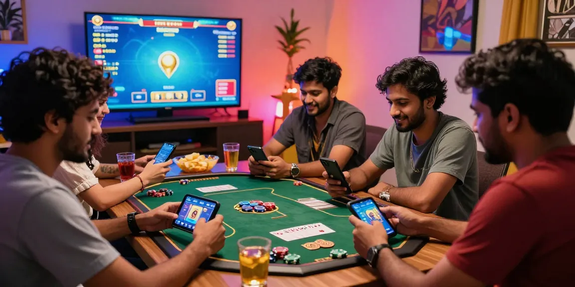 Friends enjoying Teen Patti Gold mobile gameplay, showcasing cards and chips in a vibrant atmosphere, check this thrilling gaming experience.
