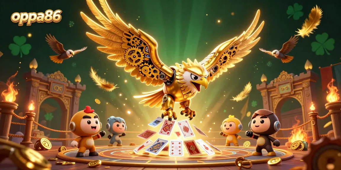Engaging scene of oppa86 in a vibrant casino-themed illustration with cards and coins.