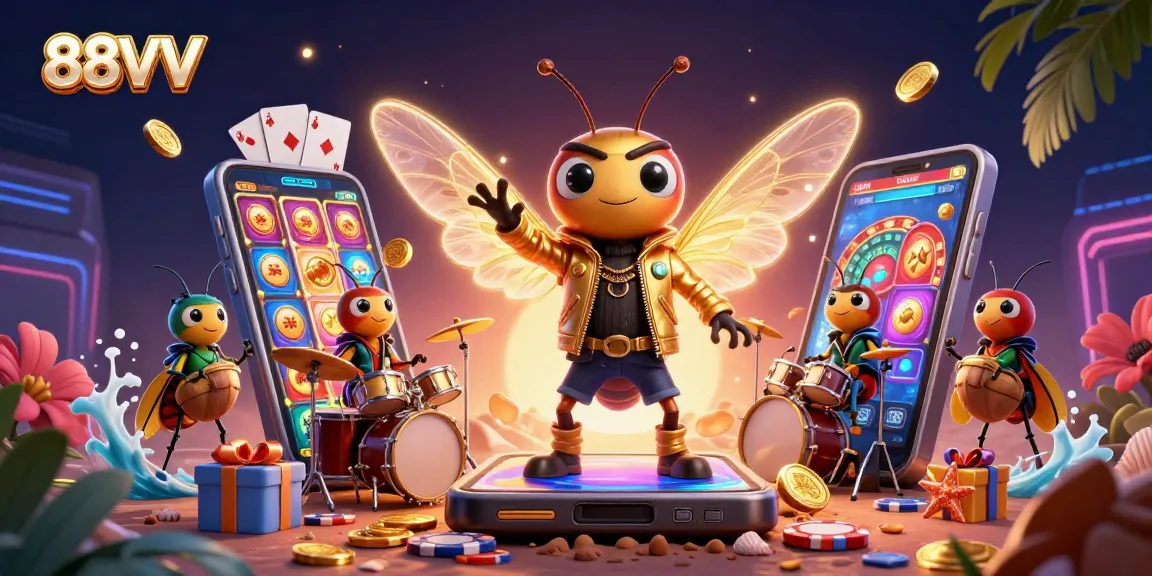 88VV features a lively 3D scene with a rock star cicada, exciting slot game elements, and vibrant casino atmosphere.