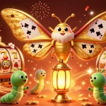 Experience the excitement of IDCWIN88 with vibrant slot reels and a magical 3D moth illustration.