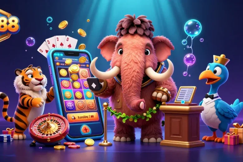 Experience excitement at UY88 casino with a vibrant scene of a woolly mammoth bouncer and lively casino elements.