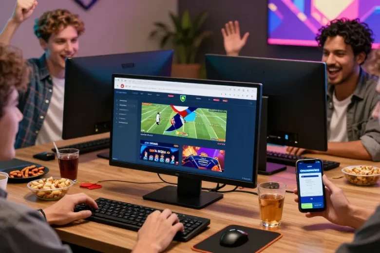 Celebrating friends engaging with Grandbetting online betting platform in a lively home setting