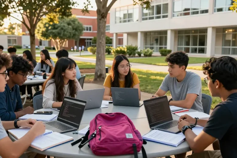 Students discussing programming languages and software on laptops in a vibrant university slot.