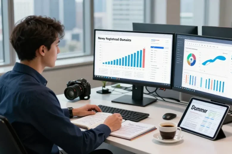 Business professional examining a list of newly registered domains for SEO strategy