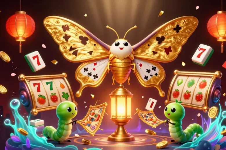 M3 Online Casino showcases a dynamic illustration featuring a golden-winged atlas moth amidst vibrant gambling elements, perfect for players.